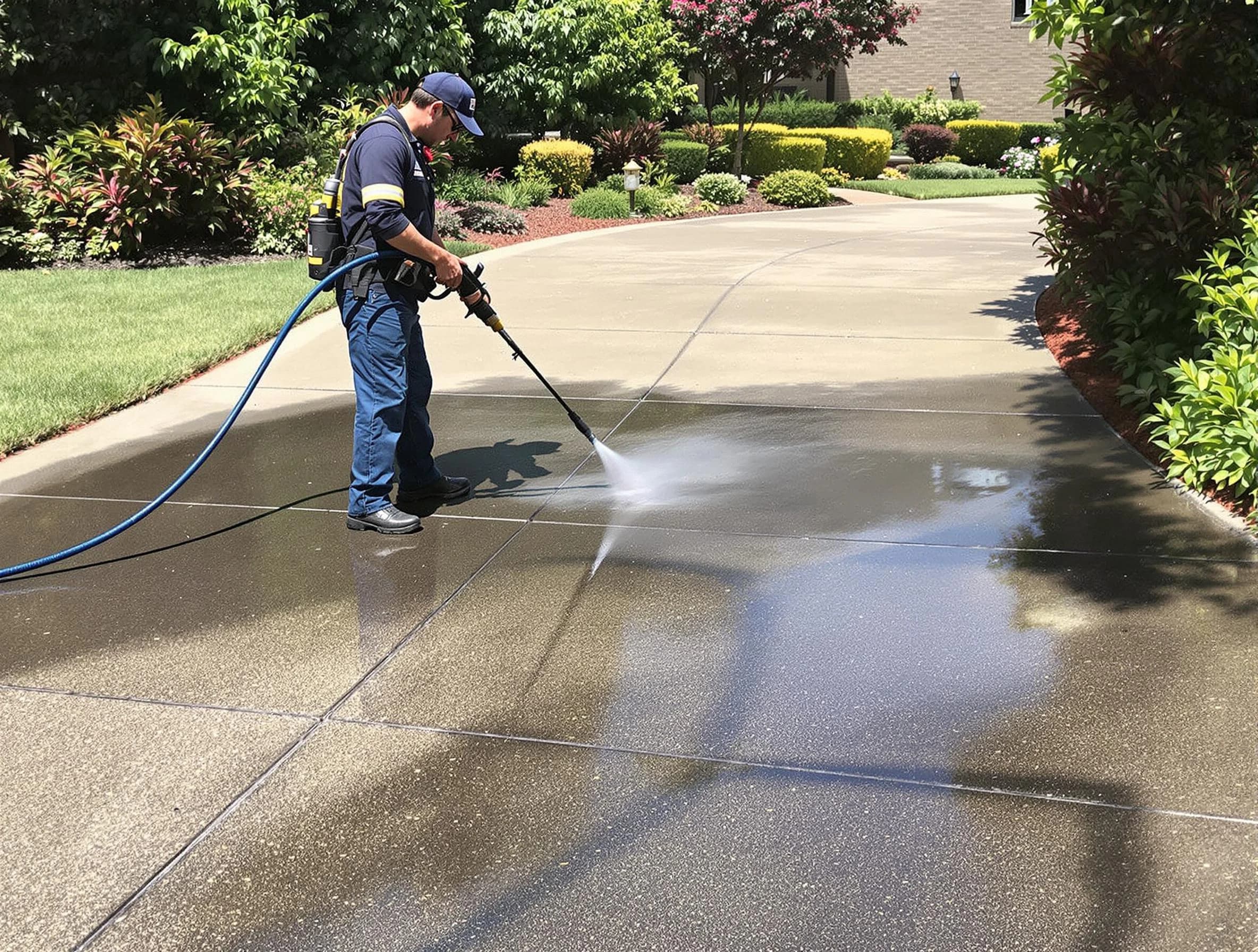 Experienced Beachwood Power Washing team member pressure washing a driveway in Beachwood