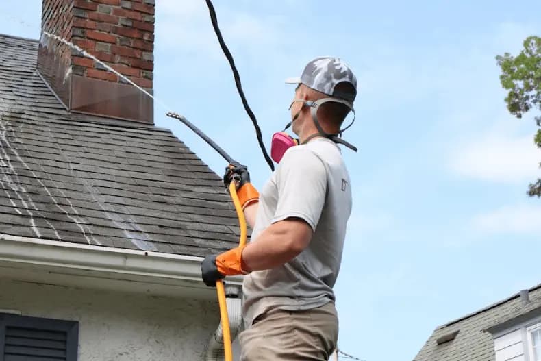 Beachwood Power Washing professional performing gentle roof washing service in Beachwood